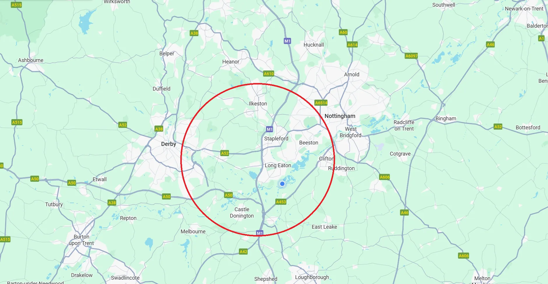 Omni Professional coverage map centred around Long Eaton, with a red circle showing the service boundary towards Ilkeston, Beeston and Castle Donington